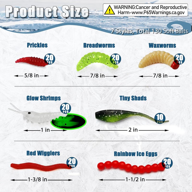 VMSIXVM 150/160/170Pcs Ice Fishing Jigs Lures Soft Plastic Worm Baits Kit, Micro Glow Winter Jig Heads Hooks for Walleye Crappie Panfish Trout, Ice Fishing Gear Equipment Tackle Accessories - Image 3